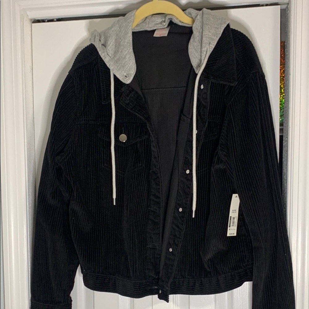 Black Corduroy Jacket with Gray Hood​